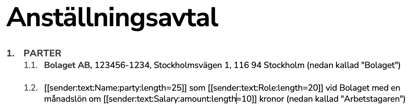 Word-dokument med platshållare för fält